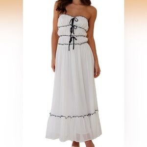 Strapless White Midi Dress with Black Trim - Casual Summer Dress